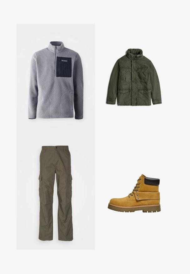 Donkergroene jas in militaire stijl met hoge kraag, ritssluiting en knoopsluiting, en vier voorvakken met kleppen.; Grijze fleece pullover met een halve rits kraag, een marineblauwe borstzak, twee zijzakken en een gestructureerde stof. Lichtgewicht en casual ontwerp.; Olijfgroene cargobroek met rechte snit, gemaakt van gestructureerde stof. Bevat grote zijzakken en een knoopsluiting.; Lichtbruine werklaars met zwart gewatteerde kraag, vetersluiting aan de voorkant, omslaande flap met metalen oogjes en dikke rubberen profielzool.