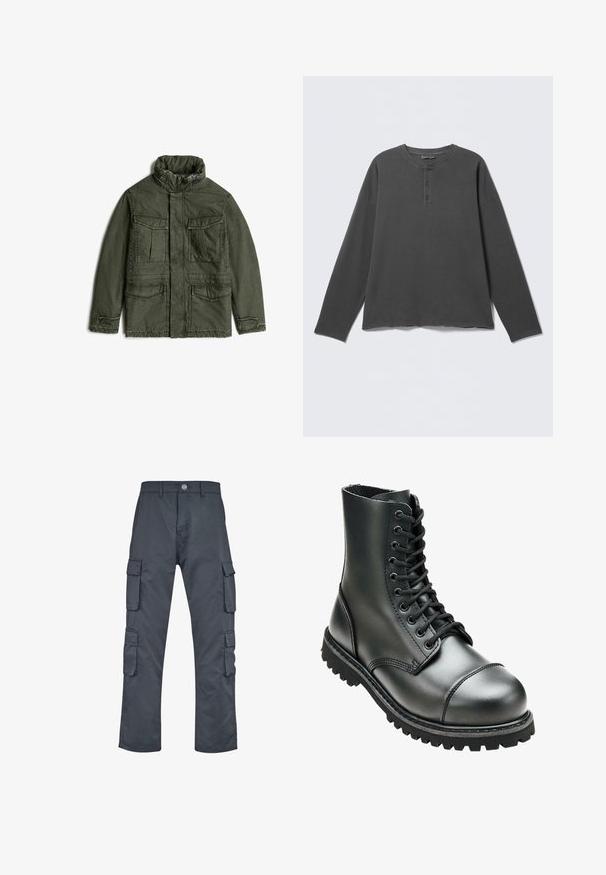 Dunkelgrüne Militärjacke mit hohem Kragen, Reißverschluss und Knopfverschluss sowie vier vorderen Klappentaschen.; Dunkelgraues Langarm-Henley-Shirt mit rundem Ausschnitt und drei Knöpfen an der vorderen Blende.; Dunkelgraue Cargo-Hosen mit geradem Bein, ausgestattet mit mehreren Seitentaschen und einem vorderen Knopfverschluss. Hergestellt aus strapazierfähigem Stoff.; Schwarze Lederkampfstiefel mit hohem Knöchel, runder Zehenpartie, Schnürung vorne und robustem Gummisohle mit tiefem Profil für besseren Grip.