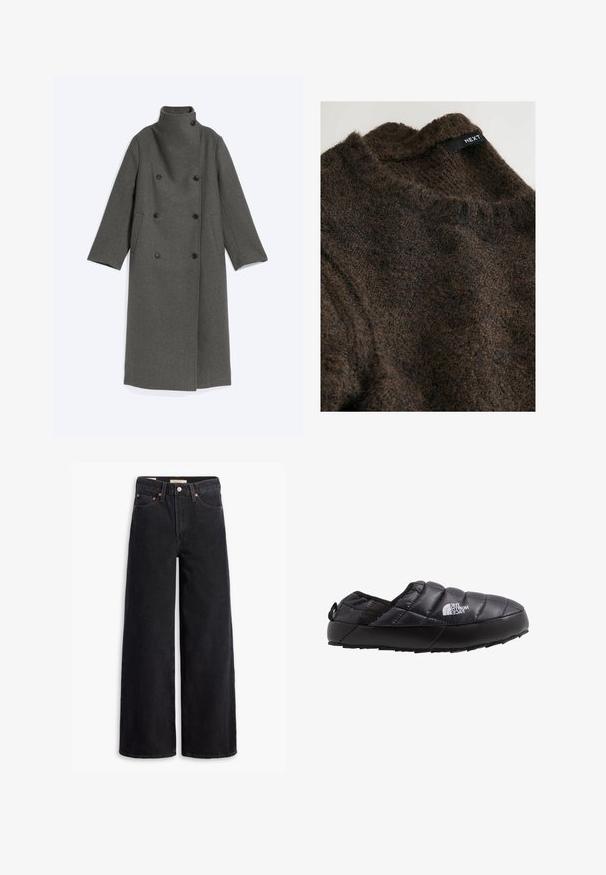 Langer dunkelgrauer Wollmantel mit hohem Kragen, doppelreihigem Knopfverschluss und zwei Seitentaschen, flach auf hellem Hintergrund liegend.; Brauner Strickpullover aus dickem, flauschigem Material mit hohem Kragen und einem Etikett mit der Aufschrift "NEXT". Er bietet ein strukturiertes Muster und eine weiche Oberfläche.; Schwarze weite Jeans aus Denim mit fünf Taschen, Kupferrivets und einem klassischen Knopfverschluss. Glatte Textur mit einem klaren Design.; Schwarze isolierte Slipperschuh mit gestepptem Obermaterial, Gummisohle und strukturierten Details. Verfügt über eine Zuglasche an der Ferse und Branding an der Seite.