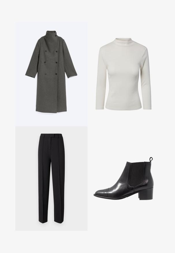 Long manteau en laine gris foncé avec col montant, fermeture croisée à double boutonnage et deux poches latérales, posé à plat sur un fond clair.; Haut blanc à manches longues côtelé avec un col rond haut et une silhouette ajustée.; Pantalon noir taillé avec une texture lisse, présentant une coupe droite, des passants pour ceinture et deux plis avant pour plus de détails.; Botte de cheville en cuir noir avec des panneaux élastiques sur les côtés, bout rond et talon en bloc texturé. Dispose d'une languette en boucle à l'arrière pour un enfilage facile.