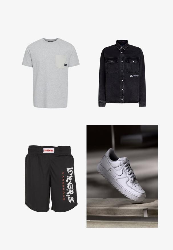 Schwarze Jeansjacke mit silbernen Druckknöpfen, zwei Brustklappentaschen und weißem "Karl Lagerfeld Jeans"-Logo auf der rechten Tasche.; Graues Kurzarm-T-Shirt aus weichem Stoff, mit einer kontrastierenden hellgrauen Tasche und einem kleinen Logo-Tag in der Nähe der Tasche.; Schwarze Sportshorts mit elastischem Bund, weißes und rotes DNGRS Dangerous Logo vertikal auf dem rechten Bein gedruckt.; Weißer Nike Air Force 1 Sneaker aus Leder mit perforierter Zehenpartie, flachen Schnürsenkeln und strukturierter Gummisohle mit "AIR"-Branding an der Seite.