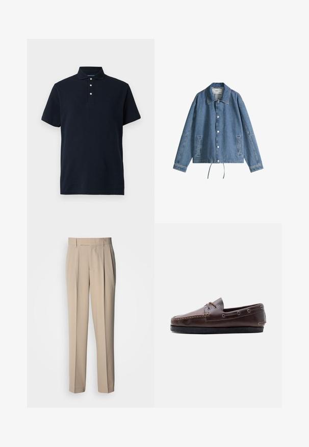 Blaue Jeansjacke mit Knopfverschluss, zwei Fronttaschen, langen Ärmeln, Kragen und verstellbarem Kordelzug am Saum.; Marineblaue kurzärmlige Polo-Shirt mit Kragen und drei weißen Knöpfen auf der Knopfleiste, vor einem einfarbigen Hintergrund präsentiert.; Beige, hoch taillierte, plissierte Hose mit geradem Schnitt, glatter Textur und ohne sichtbare Verzierungen oder Muster.; Brauner Leder-Mokassin mit schwarzer Sohle, Schnürdetails an der Seite und vorne, Seitenansicht vor weißem Hintergrund.