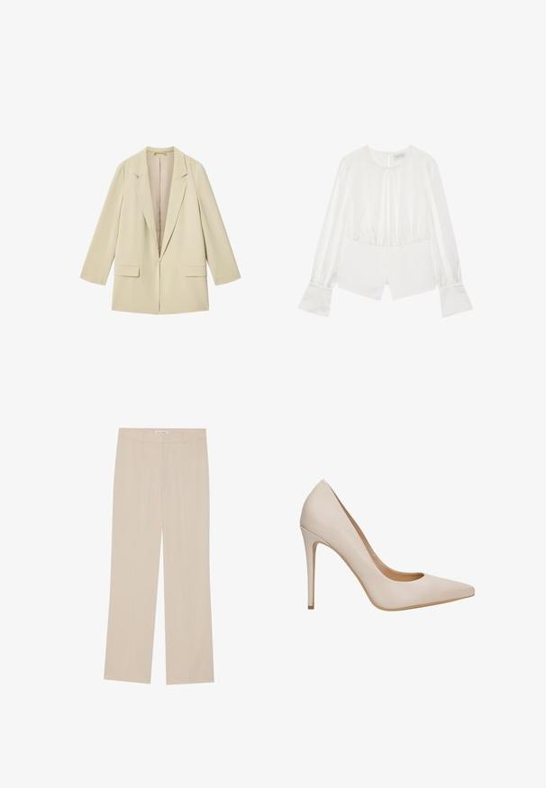 Beige oversized damesblazer met scherpe revers, lange mouwen, twee klepzakken aan de voorkant en een open voorkant.; Witte blouse met lange, opgeblazen mouwen, geplooide manchetten en een wikkelfrontstijl. Gemaakt van een gladde, glanzende stof met een subtiele glans.; Beige wijde broek met een gladde textuur, met een getailleerde pasvorm, twee voorzakken en subtiele plooi-details langs de benen.; Beige leren pumps met hoge hak, een spitse neus, een gladde textuur en een slanke stilettohak. Minimalistisch ontwerp zonder extra versieringen.