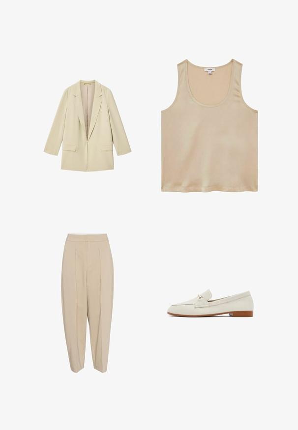 Beige oversized blazermand med hakrevers, lange ærmer, to forlommer med klap og åbent frontdesign.; Reiss REGULAR FIT - Bluse - neutral; Beige skræddersyede bukser med høj talje, plisseret forside og smal nederdel. Stoffet ser glat ud med en subtil glans. Ingen synlige lommer.; Beige læder flad loafer med gulddetalje og tan sål, lav hæl og afrundet firkantet tå, vist fra højre side.