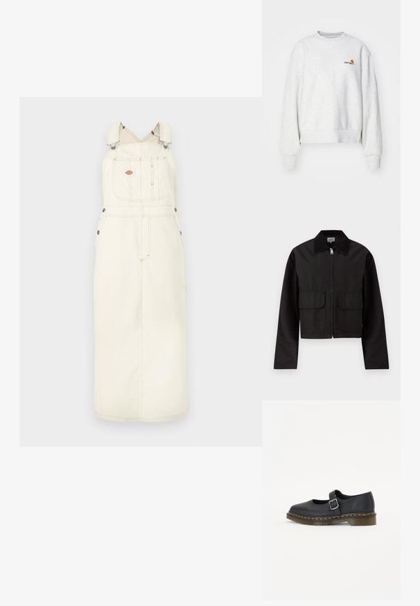 Chaqueta negra corta con cremallera frontal, dos grandes bolsillos con solapa y un amplio cuello de pana.; Sudadera gris de cuello redondo en una tela suave con puños y dobladillo de punto; presenta un logo bordado en el pecho en amarillo y burdeos.; Vestido de tirantes de mezclilla beige claro con tirantes ajustables, bolsillo delantero y detalles en metal. Silueta larga con costuras decorativas.; Zapatos Mary Jane de cuero negro con punta redonda, hebilla ajustable, costuras amarillas y suela de goma marrón gruesa.