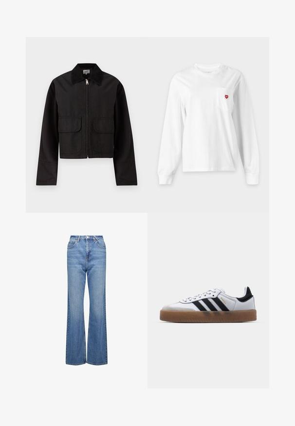 Chaqueta negra corta con cremallera frontal, dos grandes bolsillos con solapa y un amplio cuello de pana.; Camiseta blanca de manga larga y cuello redondo con bolsillo en el pecho que presenta un pequeño logotipo en forma de corazón rojo en el lado derecho.; Jeans azules de talle alto y acampanados con una textura de mezclilla clásica, que cuentan con cinco bolsillos y cierre con cremallera. Diseño minimalista y detalles de costura.; Zapatillas de cuero blancas con rayas negras, suela de goma, puntera redonda, cierre de cordones y caperuza de ante gris suave.