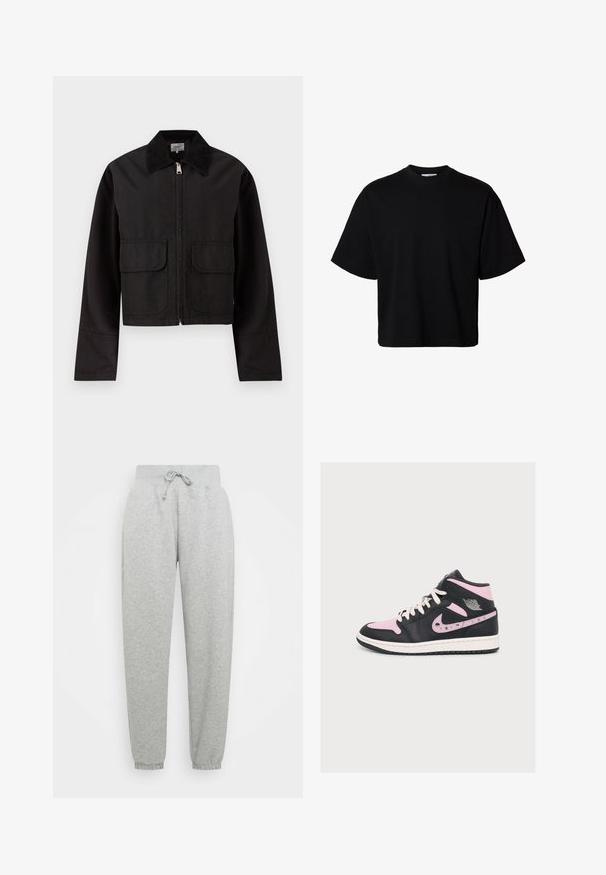 Zwarte cropped jas met ritssluiting aan de voorkant, twee grote kleppen zakken en een brede ribfluwelen kraag.; Zwart oversized T-shirt met korte mouwen, een ronde hals en een relaxte pasvorm, getoond op een effen witte achtergrond.; Grijze sweatpants met elastische tailleband, verstelbare trekkoord en geribbelde manchetten. Gemaakt van zachte stof; heeft twee zijzakken.; High-top sneaker in zwart en roze met witte veters, witte zool en decoratieve sterren en manen op het zij swoosh-logo.
