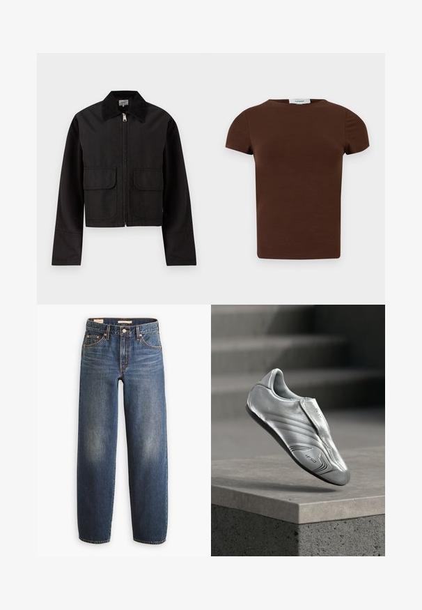 Schwarze verkürzte Jacke mit Reißverschluss vorne, zwei großen Klappentaschen und einem breiten Cordkragen.; Braunes T-Shirt mit kurzen Ärmeln, Rundhalsausschnitt, schlichtem Design und einem Topshop-Label im Nacken.; Dunkelblaue Jeans aus Denim mit geradem Bein, ausgestattet mit fünf Taschen, Kupfernieten und dezenten Verwaschungen an den Oberschenkeln.; Silberner Fußballschuh aus glattem, glänzendem Leder mit stromlinienförmiger Form, dezenten Strukturlinien und schwarzer Gummisohle. Auffällige +F50 Markenkennzeichnung.