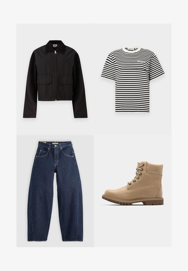 Zwarte cropped jas met ritssluiting aan de voorkant, twee grote kleppen zakken en een brede ribfluwelen kraag.; Zwart-wit horizontaal gestreept T-shirt met korte mouwen, een witte ronde hals en een klein logo op de borst.; Donkerblauwe denim jeans met een losse fit, lichte stiksels, vijf zakken en een knoopsluiting op de taille.; Beige leren enkelboot met een ronde neus, beige veters en een robuuste zool. Beschikt over zijstiksels en een rond logo op de hak.