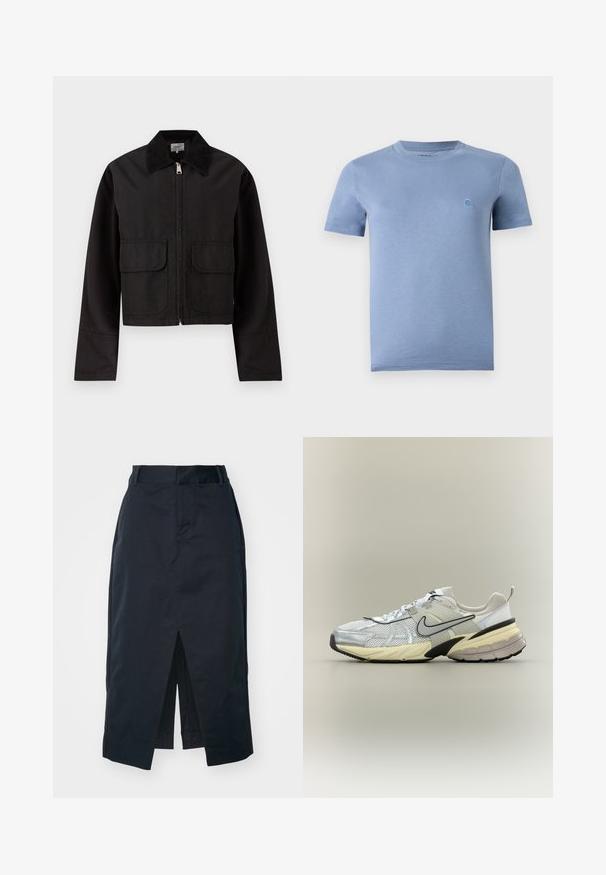Chaqueta negra corta con cremallera frontal, dos grandes bolsillos con solapa y un amplio cuello de pana.; Camiseta de manga corta y cuello redondo de color azul claro con un pequeño logotipo bordado en el pecho izquierdo sobre un fondo liso.; Falda midi en azul marino oscuro, confeccionada con una mezcla de algodón, que presenta una abertura frontal, cremallera oculta y bolsillos laterales para mayor funcionalidad.; Zapatilla Nike blanca y gris con parte superior de malla, logo swoosh negro, entresuela beige y suela negra sobre un fondo claro.