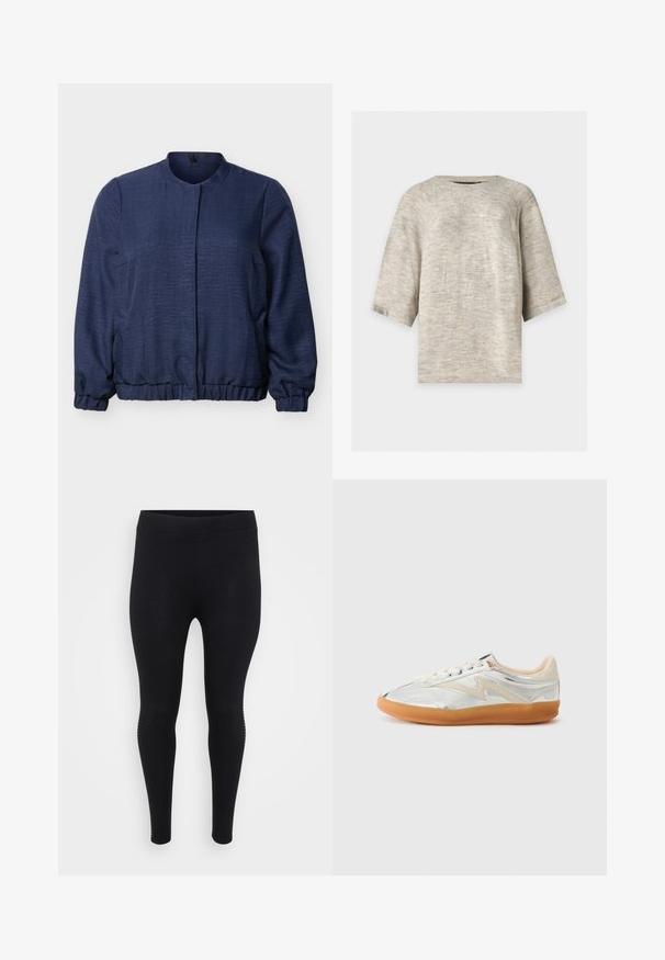 Marineblå langærmet jakke med rund halsudskæring, elastiske manchetter og kant, skjult lukning foran og tekstureret stof.; Lysegrå strikket sweater med trekvartlange ærmer og rund halsudskæring på en ensfarvet baggrund.; Sorte leggings med en glat tekstur, høj talje og en tætsiddende form. Har subtile sidelayout langs sømmen.; Metallic sølv sneakers med beige accenter, rund tå og en tan gummisål. Har en glat tekstur og minimalistisk design.