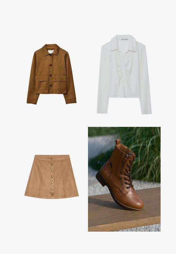 Ruskindsbrun kort jakke med spids krave, to forlommer og runde knapper. Glat tekstur og struktureret design.; Hvid langærmet bluse med krave, der har en central rynkeDetalje og ribbet tekstur. Fremstillet af et blødt, let stof.; Tan ruskinds mini nederdel med flared design, der har en frontknaplukning med messinghardware og syede detaljer.; Brun læderankelstøvle med lynlås på siden og snørebånd, placeret på en træoverflade udendørs med sløret grønt område i baggrunden.
