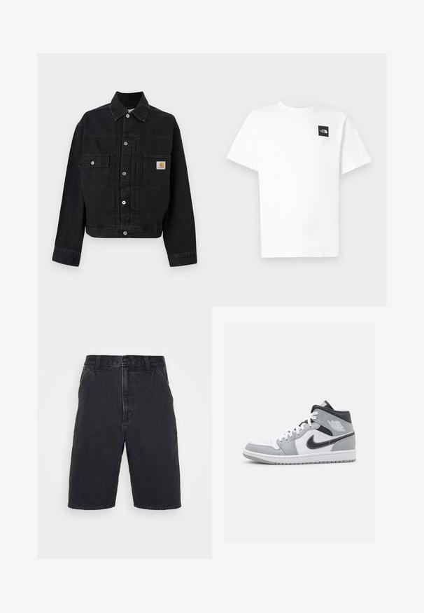 Schwarze Jeansjacke mit Knopfleiste, zwei vorderen Klappentaschen, davon eine mit Carhartt-Logo-Patch, und klassischem Kragen.; Weißes Baumwoll-T-Shirt mit kurzen Ärmeln, auf der linken Brust mit einem schwarzen quadratischen Logo und einem Rundhalsausschnitt.; Schwarze Jeansshorts mit geradem Schnitt, mittelhohem Bund, vorderer Knopfleiste und sichtbaren Nähten.; Weiße Leder-Sneaker in Mid-Top-Form mit grauen Akzenten, perforierter Zehenpartie, schwarzem Nike-Swoosh und Logo am Knöchel. Gummisohle.