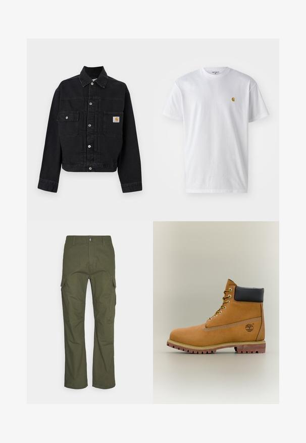 Chaqueta vaquera negra abotonada con dos bolsillos delanteros con solapa, uno con un parche del logo de Carhartt, y un cuello clásico.; Camiseta de algodón blanca con mangas cortas, cuello redondo, que presenta un pequeño logo dorado en la parte izquierda del pecho. Textura suave y corte regular.; Pantalones cargo en verde oliva oscuro, con múltiples bolsillos laterales, un corte recto y una tela resistente con un acabado texturizado.; Bota de tobillo de cuero marrón con cuello negro, cordones amarillos y suela beige. Presenta un logotipo y detalles de costura blanca. Suela exterior con tracción robusta.