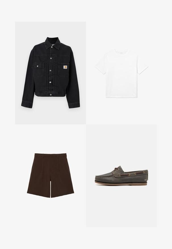 Sort denimjakke med knapper, to forlommer med klap, hvoraf den ene har et Carhartt-logo, og en klassisk krave.; Hvid bomulds T-shirt med korte ærmer, rund halsudskæring og lige kant. Glat tekstur uden synlige mønstre eller accenter.; Mørkebrune knælange skræddersyede shorts med bæltestropper og forreste læg, vist fladt på hvid baggrund.; Mørkebrune læder bådsko med lav profil, der har messingøjer og kontrasterende syninger, flad gummisål og struktureret overflade.