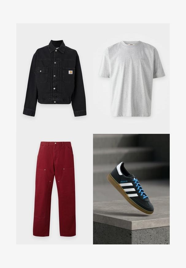 Sort denimjakke med knapper, to forlommer med klap, hvoraf den ene har et Carhartt-logo, og en klassisk krave.; Grå t-shirt med korte ærmer lavet af blødt stof. Har en rund halsudskæring og et diskret logo broderet på fronten.; Bordeaux farvede bomuldsbukser med lige snit, som har to forlommer, sølvhardware og knædetaljer. Glat tekstur, mellem vægt.; Sort Adidas sneaker med hvide striber, blå snørebånd og gummisål, der svæver over gråt betontrin i blødt lys.