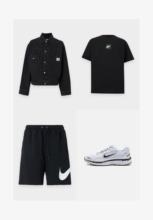 Zwarte denim jas met knopen, voorzien van twee voorzakken met kleppen, waarvan één met een Carhartt-logopatch, en een klassieke kraag.; Zwart T-shirt met korte mouwen en een klein groen-beige Nike-logo vierkant, gecentreerd op de borst tegen een witte achtergrond.; Zwarte katoenen shorts met een elastische tailleband, koord, zijzakken en een groot wit Nike-logo gedrukt aan de linkerkant.; Witte hardloopschoen met een bovenkant van mesh, ronde neus, zwarte accenten en een geëtst zool. Kenmerken van veters en branding aan de zijkant.