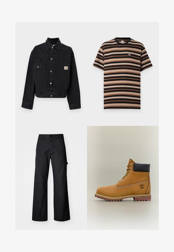 Chaqueta vaquera negra abotonada con dos bolsillos delanteros con solapa, uno con un parche del logo de Carhartt, y un cuello clásico.; Camiseta de manga corta con rayas horizontales en negro, marrón y beige, con un pequeño parche del logo de Dickies en el pecho.; Pantalones anchos, negros, fabricados con un tejido durable. Cierre de botón y bolsillos laterales. Textura suave con un diseño limpio.; Bota de tobillo de cuero marrón con cuello negro, cordones amarillos y suela beige. Presenta un logotipo y detalles de costura blanca. Suela exterior con tracción robusta.