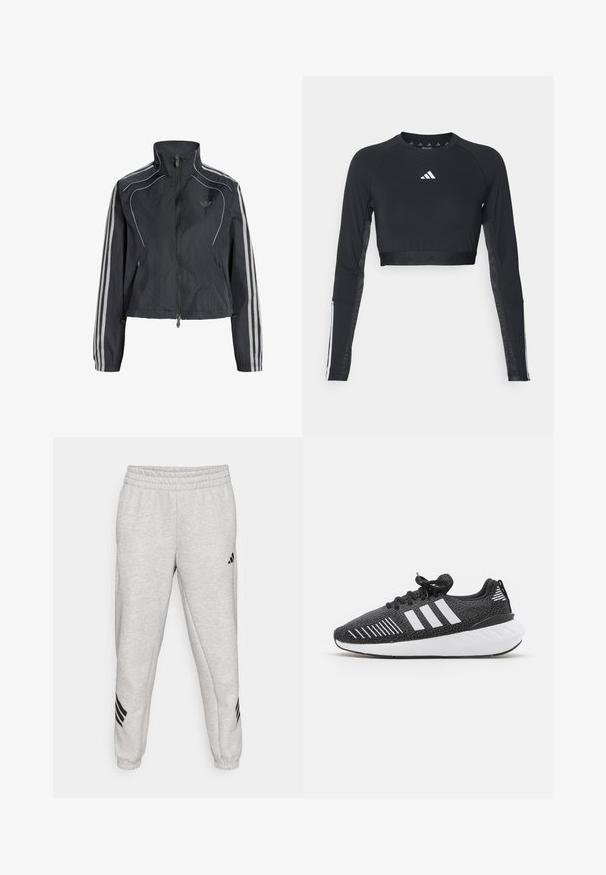 Schwarze Windjacke mit Reißverschluss, hohem Kragen, weißen Streifen an den Ärmeln und dezentem Logo auf der linken Brust.; Schwarzes, verkürztes Langarm-Workout-Oberteil aus glattem Material. Mit einem weißen Logo auf der Brust und gestreiften Akzenten an den Ärmeln.; Hellgraue Jogginghose mit einem gerippten elastischen Bund, schmal zulaufenden Beinen und drei schwarzen diagonalen Streifen nahe den Bündchen. Glatte Textur.; Schwarze Sportschuhe mit einer strukturierten Oberseite, einem weißen Drei-Streifen-Design, einer Gummisohle und kontrastierenden weißen Akzenten an der Ferse.