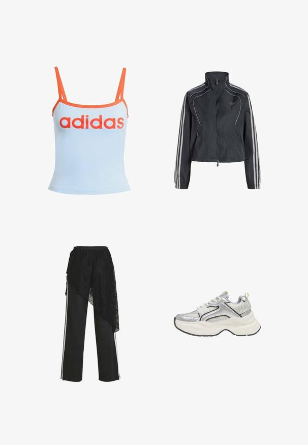 Chaqueta cortavientos negra con cremallera, cuello alto, rayas blancas en las mangas y logo sutil en el pecho izquierdo.; Camiseta sin mangas de color azul claro con ribete naranja, que presenta un atrevido logotipo rojo de "adidas" en el pecho. Hecha de una tela suave y elástica. Tirantes finos.; Pantalones negros de pierna ancha con rayas blancas en los costados y una superposición asimétrica de encaje negro drapeada en el lado izquierdo.; Zapatilla deportiva gruesa en plata y blanco con detalles de malla y cuero, suela blanca y gruesa, y el logotipo "BUFFALO" en la tira del talón.
