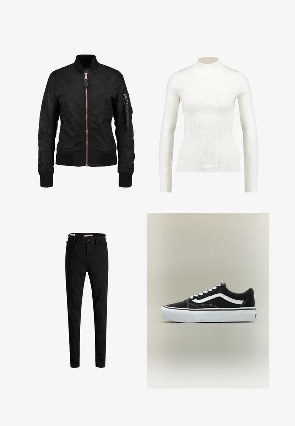 Zwarte bomberjack met een gladde, glanzende textuur, voorzien van een vooraanstaande rits, geribbelde manchetten en een ritszak op de mouw. Roze gouden accenten.; Geribbelde witte lange mouw turtleneck top met een fitted ontwerp en gladde textuur, voorzien van een hoge halslijn en slanke silhouet.; Zwarte high-rise skinny jeans met een knoop aan de voorkant en zakken, weergegeven op een witte achtergrond.; Lage zwarte sneaker met witte zijstreep, witte veters, witte rubberen zool en gestructureerde neus op een neutrale achtergrond.