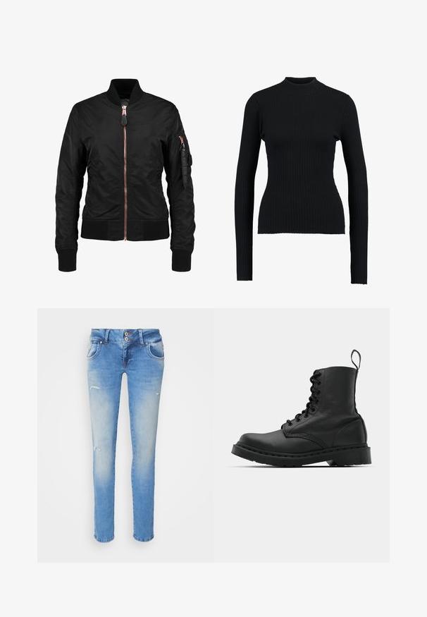 Chaqueta bomber negra con una textura lisa y brillante, que presenta un cierre frontal de cremallera, puños acanalados y un bolsillo con cremallera en la manga. Acentos en oro rosado.; Suéter negro de cuello alto acanalado con mangas largas y un diseño ajustado, que presenta una textura suave y una silueta estructurada.; Jeans de mezclilla azul con un ajuste ajustado, que presentan un ligero desgaste, dos bolsillos delanteros y detalles ligeramente desgastados cerca de las rodillas.; Botín de combate de cuero negro con punta redonda, parte delantera con cordones y una lengüeta en el tobillo. Presenta una suela de goma gruesa para mayor durabilidad.
