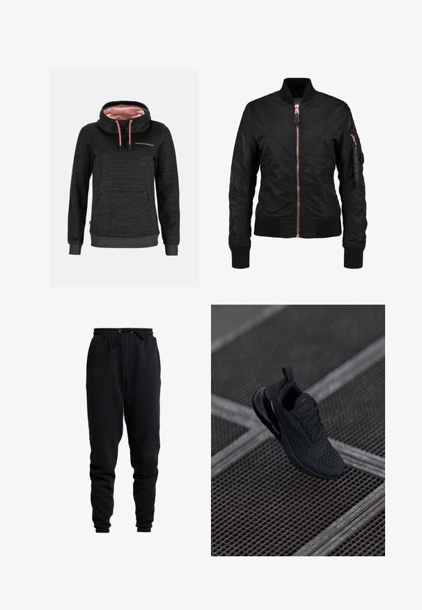 Schwarze Bomberjacke mit glatter, glänzender Textur, ausgestattet mit einem Reißverschluss vorne, gerippten Bündchen und einer Reißverschlusstasche am Ärmel. Akzente in Roségold.; Dunkelgraues Kapuzen-Sweatshirt mit pinken Kordeln, hohem Kragen, pinkem Futter, Fronttasche und "Swedemount" Schriftzug auf der Brust.; Schwarze Jogginghose aus weichem Stoff, mit einem elastischen Bund und Kordelzug, schmal zulaufenden Beinen und gerippten Bündchen.; Schwarzer sportlicher Sneaker mit Mesh-Obermaterial, gepolstertem Kragen und Gummisohle. Verfügt über ein markantes Swoosh-Logo und strukturierte Details.