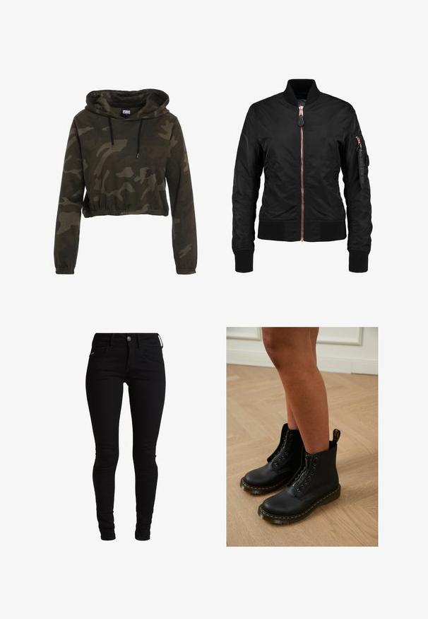 Μαύρο bomber jacket με λεία, γυαλιστερή υφή, διαθέτει μπροστινό φερμουάρ, ριμπ μανσέτες και τσέπη με φερμουάρ στο μανίκι. Ροζ χρυσές λεπτομέρειες.; Κοντό φούτερ σε σκούρο καμουφλάζ, με κουκούλα με κορδόνι, μακριά μανίκια και ελαστικό στρίφωμα. Φτιαγμένο από μαλακό, υφασματοποιημένο ύφασμα.; Μαύρα στενά τζιν με ντένιμ, που διαθέτουν κλασικό σχέδιο πέντε τσεπών, θηλιές για ζώνη και κούμπωμα μπροστά. Λείος και ελαστικός ιστός.; Μαύρες δερμάτινες μπότες μέχρι τον αστράγαλο με φερμουάρ και σχέδιο κορδόνια, με κίτρινες ραφές και παχύ, υφασματοποιημένο σόλο.