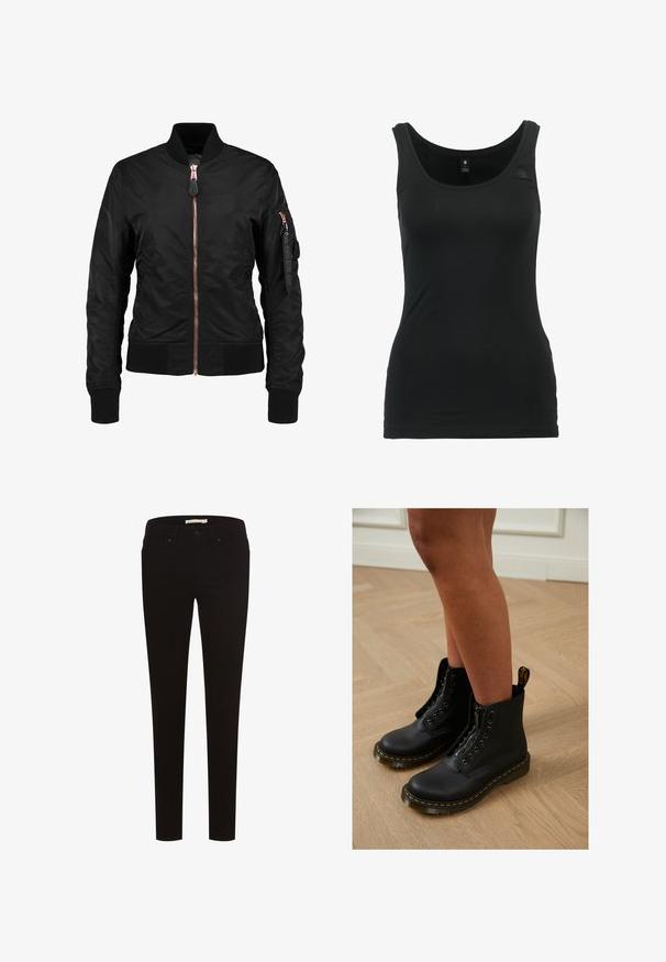 Schwarze Bomberjacke mit glatter, glänzender Textur, ausgestattet mit einem Reißverschluss vorne, gerippten Bündchen und einer Reißverschlusstasche am Ärmel. Akzente in Roségold.; Schwarzes ärmelloses Tanktop aus glattem Stoff, mit rundem Ausschnitt, taillierter Form und kleinem Logodetail in der Nähe der Schulter.; Schwarze Skinny-Jeans aus Stretchstoff, mit einem klassischen Fünf-Taschen-Design, Knopfverschluss und Gürtelschlaufen. Durchgehend glatte Textur.; Schwarze Leder-Stiefeletten mit Reißverschluss und Schnürdesign, ausgestattet mit gelben Nähten und einer dicken, strukturierten Sohle.