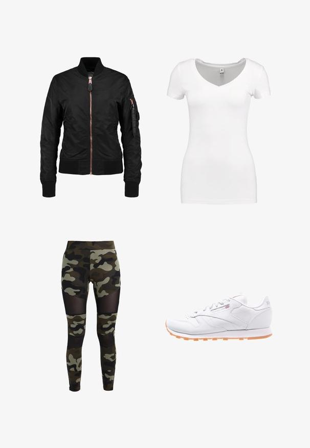Schwarze Bomberjacke mit glatter, glänzender Textur, ausgestattet mit einem Reißverschluss vorne, gerippten Bündchen und einer Reißverschlusstasche am Ärmel. Akzente in Roségold.; G-STAR BASE - T-Shirt basic - white; Tarnleggings mit einem taillierten Design, ausgestattet mit Netzpaneelen an den Knien und Hüften. Hergestellt aus dehnbarem Stoff in Grün- und Schwarztönen.; Weiße Leder-Laufschuhe mit strukturierter Oberfläche, gummierter oranger Laufsohle und Reebok-Logo an der Seite und auf der Zunge. Standard Schnürverschluss.