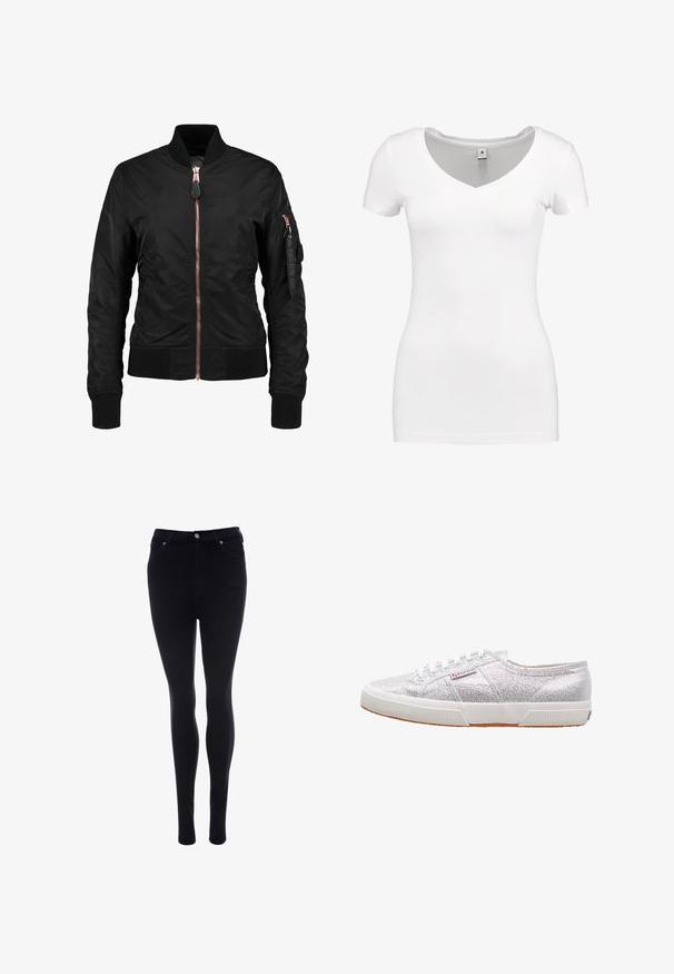 Schwarze Bomberjacke mit glatter, glänzender Textur, ausgestattet mit einem Reißverschluss vorne, gerippten Bündchen und einer Reißverschlusstasche am Ärmel. Akzente in Roségold.; G-STAR BASE - T-Shirt basic - white; Schwarze Skinny-Jeans aus Denim mit glatter Textur. Verfügt über einen Frontknopf- und Reißverschluss, fünf Taschen und eine schmale Passform.; Silberne Glitzer-Sneaker mit einer weißen Gummisohle, runder Zehenpartie, Schnürdesign und einem Logo-Patch an der Seite.