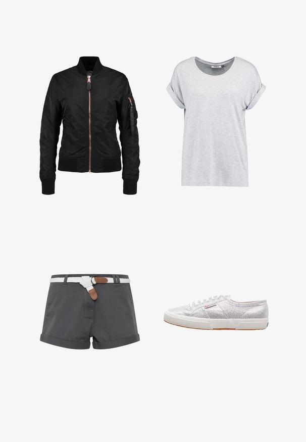 Zwarte bomberjack met een gladde, glanzende textuur, voorzien van een vooraanstaande rits, geribbelde manchetten en een ritszak op de mouw. Roze gouden accenten.; Lichtgrijze, T-shirt met korte mouwen en rond hals, met oprolmanchetten, gemaakt van zachte stof, met een relaxte pasvorm en een minimaal design.; Grijze katoenen shorts met opgerolde omslagen, voorzien van een witte gevlochten riem en bruine leren accenten. Stikdetails zijn zichtbaar op de stof.; Zilveren glitter sneakers met een witte rubberen zool, voorzien van een ronde neus, vetersluiting en een logo-patch aan de zijkant.