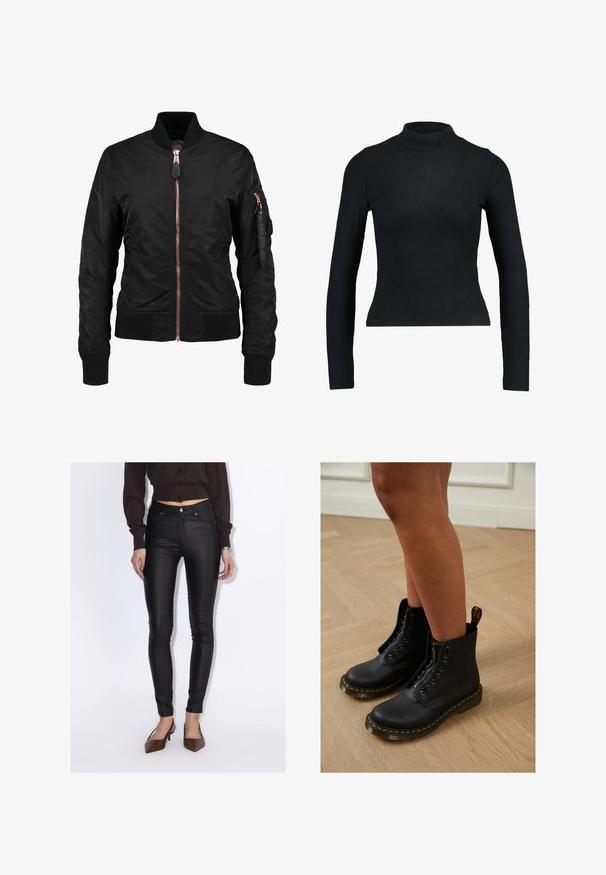 Schwarze Bomberjacke mit glatter, glänzender Textur, ausgestattet mit einem Reißverschluss vorne, gerippten Bündchen und einer Reißverschlusstasche am Ärmel. Akzente in Roségold.; Schwarzes Langarm-Turtleneck-Oberteil aus geripptem Stoff, mit einer taillierten Passform und schlanker Silhouette. Keine Muster oder Akzente.; Frau trägt schwarze, hoch taillierte Skinny-Hosen, ein kurz geschnittenes dunkelbraunes Hemd mit Knöpfen und braune spitze Schuhe mit Absatz.; Schwarze Leder-Stiefeletten mit Reißverschluss und Schnürdesign, ausgestattet mit gelben Nähten und einer dicken, strukturierten Sohle.