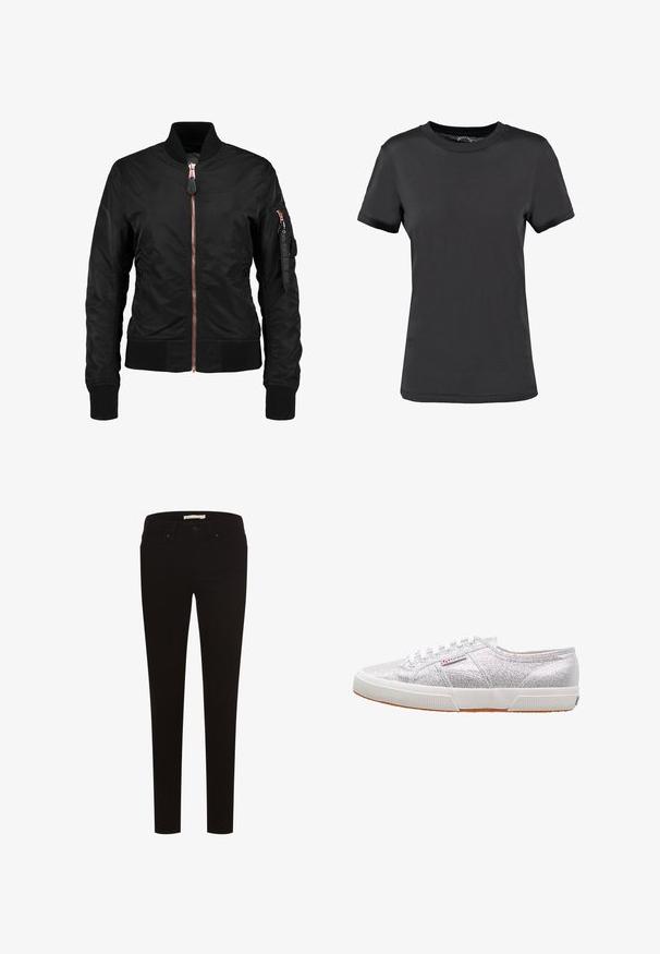 Sort bomberjakke med en glat, blank overflade, der har en frontlynlås, ribbede manchetter og en lynlåslomme på ærmet. Rosaguld detaljer.; Sort kortærmet t-shirt lavet af glat stof. Har en rund halsudskæring uden synlige mønstre eller detaljer, hvilket giver et enkelt design.; Sorte skinny jeans lavet af strækstof, med et klassisk fem-lomme design, knaplukning og bælteløkker. Glat tekstur hele vejen igennem.; Sølvglitrende sneakers med hvid gummisål, der har rund tå, snørebåndsdesign og et logo-patch på siden.