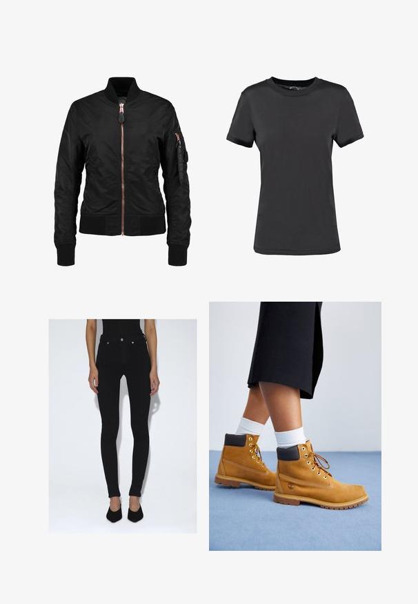 Zwarte bomberjack met een gladde, glanzende textuur, voorzien van een vooraanstaande rits, geribbelde manchetten en een ritszak op de mouw. Roze gouden accenten.; Zwarte korte mouwen t-shirt gemaakt van een gladde stof. Heeft een ronde hals zonder zichtbare patronen of accenten, wat zorgt voor een eenvoudig ontwerp.; Persoon die zwarte skinny jeans met hoge taille en zwarte puntige pumps draagt, staand tegen een effen witte achtergrond.; Tan suède enkellaarsjes met bruine leren accenten, gouden oogjes en een getextureerde zool. Witte sokken zichtbaar boven de laarsjes.