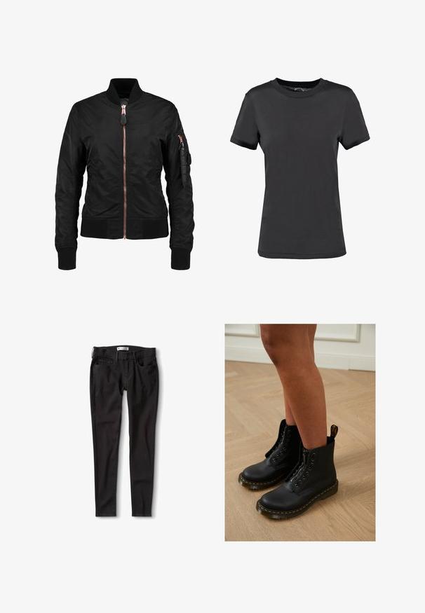 Zwarte bomberjack met een gladde, glanzende textuur, voorzien van een vooraanstaande rits, geribbelde manchetten en een ritszak op de mouw. Roze gouden accenten.; Zwarte korte mouwen t-shirt gemaakt van een gladde stof. Heeft een ronde hals zonder zichtbare patronen of accenten, wat zorgt voor een eenvoudig ontwerp.; Zwarte denim jeans met een rechte pasvorm, voorzien van een standaard tailleband, riemlussen en twee voorzakken. Glad textuur, minimale hardware.; Zwarte leren enkelboots met een ritssluiting en veters, gekenmerkt door gele stiksels en een dikke, gestructureerde zool.