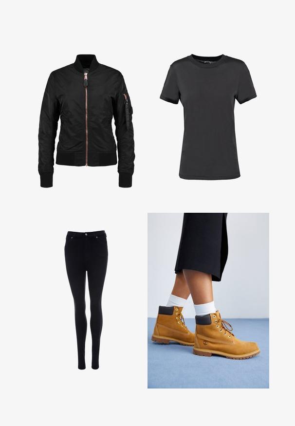 Zwarte bomberjack met een gladde, glanzende textuur, voorzien van een vooraanstaande rits, geribbelde manchetten en een ritszak op de mouw. Roze gouden accenten.; Zwarte korte mouwen t-shirt gemaakt van een gladde stof. Heeft een ronde hals zonder zichtbare patronen of accenten, wat zorgt voor een eenvoudig ontwerp.; Zwarte skinny jeans van denim met een gladde textuur. Voorzien van een sluiting met een knoop en rits, vijf zakken en een slanke pasvorm.; Tan suède enkellaarsjes met bruine leren accenten, gouden oogjes en een getextureerde zool. Witte sokken zichtbaar boven de laarsjes.