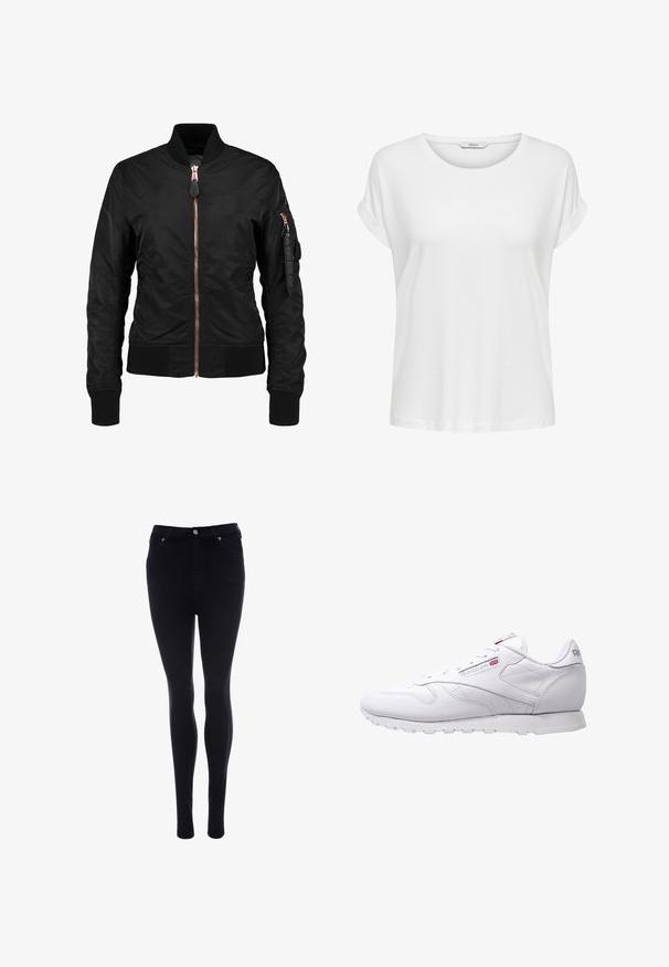 Chaqueta bomber negra con una textura lisa y brillante, que presenta un cierre frontal de cremallera, puños acanalados y un bolsillo con cremallera en la manga. Acentos en oro rosado.; Camiseta blanca de manga corta hecha de algodón suave. Presenta un cuello redondo y puños enrollados. Diseño simple sin patrones ni acentos.; Vaqueros pitillo negros de cintura alta con botón y cremallera delanteros, bolsillos delanteros y traseros, expuestos sobre un fondo blanco.; Zapatillas deportivas blancas con parte superior de cuero suave, puntera redondeada y suela de goma texturizada. Presentan un sutil logo en el lateral y en la lengüeta.