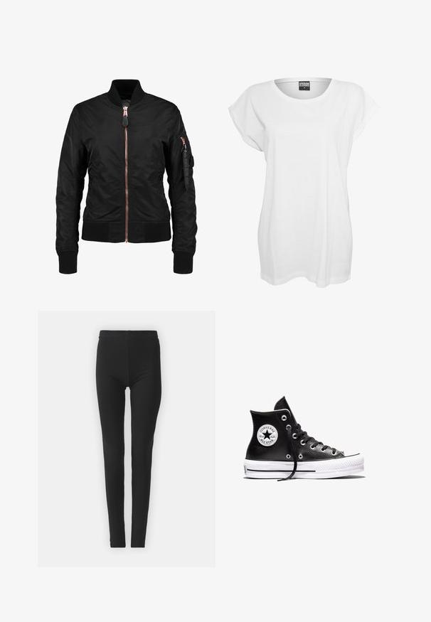 Chaqueta bomber negra con una textura lisa y brillante, que presenta un cierre frontal de cremallera, puños acanalados y un bolsillo con cremallera en la manga. Acentos en oro rosado.; Camiseta blanca de manga corta hecha de algodón, con un corte relajado, cuello ancho y un diseño minimalista sin patrones ni adornos.; Leggings negros y elásticos con un ajuste ceñido, que cuentan con una cintura alta y una textura suave. Sin patrones visibles ni detalles de hardware.; Zapatilla Converse Chuck Taylor All Star negra de caña alta con suela de goma blanca y parche con el logo en el tobillo, mostrada sobre un fondo blanco.