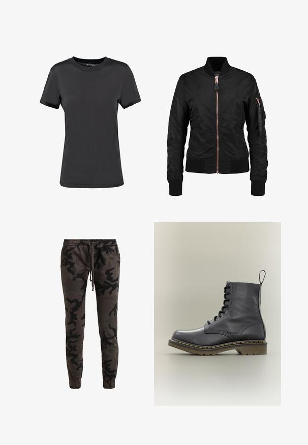 Chaqueta bomber negra con una textura lisa y brillante, que presenta un cierre frontal de cremallera, puños acanalados y un bolsillo con cremallera en la manga. Acentos en oro rosado.; Camiseta de manga corta negra, hecha de tela suave. Presenta un cuello redondo sin patrones ni acentos visibles, ofreciendo un diseño sencillo.; Pantalones jogger con patrón de camuflaje en verde oscuro y negro, cintura elástica, cordón, bolsillos laterales y puños elásticos.; Bota de combate de cuero negro con 8 ojales, suela de goma, costuras amarillas y una lengüeta en la parte trasera. Presenta una parte superior texturizada.