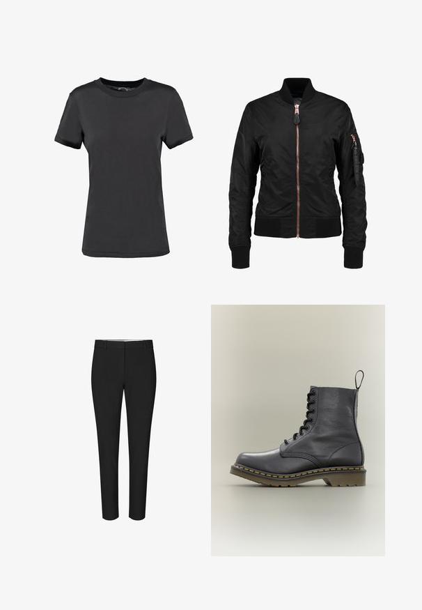 Chaqueta bomber negra con una textura lisa y brillante, que presenta un cierre frontal de cremallera, puños acanalados y un bolsillo con cremallera en la manga. Acentos en oro rosado.; Camiseta de manga corta negra, hecha de tela suave. Presenta un cuello redondo sin patrones ni acentos visibles, ofreciendo un diseño sencillo.; Pantalón de vestir negro slim fit con trabillas para cinturón y parte delantera lisa, mostrado sobre un fondo blanco liso.; Bota de combate de cuero negro con 8 ojales, suela de goma, costuras amarillas y una lengüeta en la parte trasera. Presenta una parte superior texturizada.