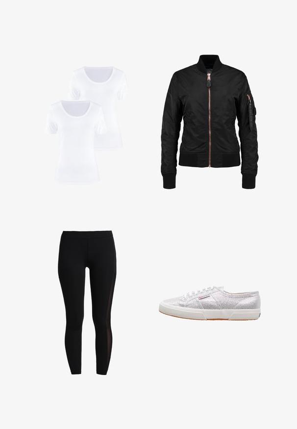 Schwarze Bomberjacke mit glatter, glänzender Textur, ausgestattet mit einem Reißverschluss vorne, gerippten Bündchen und einer Reißverschlusstasche am Ärmel. Akzente in Roségold.; Zwei weiße kurzärmelige T-Shirts mit rundem Halsausschnitt, aus weichem Baumwollstoff, mit glatter Textur und schlichtem Design.; Schwarze Leggings aus dehnbarem Stoff mit glatter Textur. Verfügt über Mesh-Einsätze an den Seiten, die ein kontrastierendes Designelement bieten.; Silberne Glitzer-Sneaker mit einer weißen Gummisohle, runder Zehenpartie, Schnürdesign und einem Logo-Patch an der Seite.