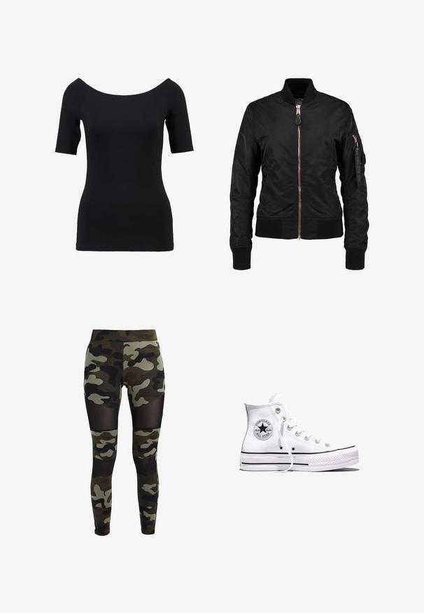 Veste bomber noire avec une texture lisse et brillante, dotée d'une fermeture éclair sur le devant, de poignets côtelés et d'une poche zippée sur la manche. Accents en or rose.; Haut noir à manches courtes avec un décolleté dégagé, design ajusté et texture lisse. Pas de motifs ni de détails matériels visibles.; Leggings camouflage avec une coupe ajustée, présentant des panneaux en maille au niveau des genoux et des hanches. Conçus en tissu extensible dans des tons de vert et de noir.; Baskets blanches montantes Converse Chuck Taylor All Star avec des rayures noires et un patch logo sur le côté, présentées sur un fond blanc uni.