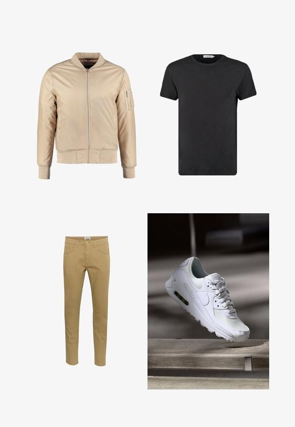 Beige Bomberjacke mit Frontreißverschluss, geripptem Kragen und Bündchen. Verfügt über Seitentaschen und eine mit Reißverschluss verschlossene Armtasche zur Aufbewahrung.; Schwarzes Baumwoll-T-Shirt mit Rundhalsausschnitt und kurzen Ärmeln. Der Stoff hat eine glatte Textur und keine Muster oder Akzente. Normale Passform.; Beige Chinos im Slim-Fit. Hergestellt aus einem Baumwollmischgewebe, mit zwei seitlichen Taschen und einer einzelnen Gesäßtasche, abgeschlossen mit einer Knopfschließe.; Weiße Nike Air Max 90 Sneaker mit einem Obermaterial aus Mesh und Leder, durchlässigem Zehenbereich und einer sichtbaren Air-Einheit in der Ferse.
