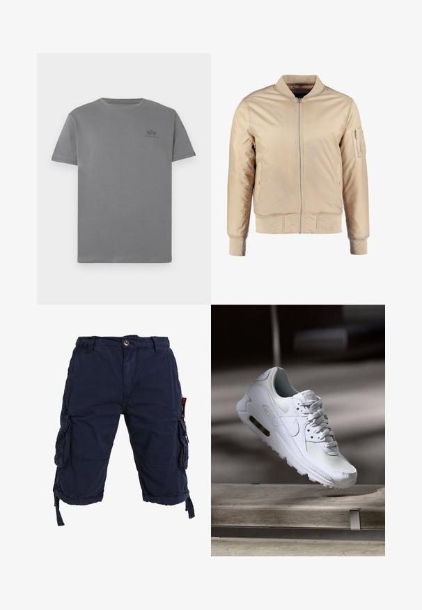 Chaqueta bomber beis con cremallera frontal, cuello y puños acanalados. Cuenta con bolsillos laterales y un bolsillo con cremallera en la manga para almacenamiento.; Camiseta de algodón gris con cuello redondo y mangas cortas. Presenta un pequeño logo negro en la parte izquierda del pecho. Textura suave.; Pantalones cortos de carga en tono navy con dobladillo ajustable, dos bolsillos laterales y cierre frontal de botón. Fabricados con una tela ligera y transpirable.; Zapatilla Nike Air Max 90 blanca con parte superior de malla y cuero, caja de puntera perforada y unidad de aire visible en el talón.