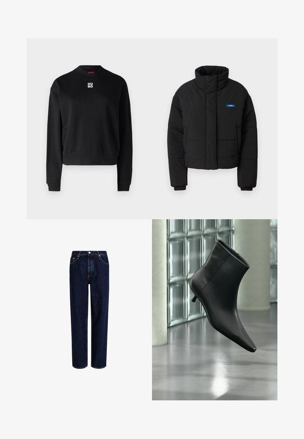 Veste matelassée noire avec un col haut, une coupe courte et des poignets élastiques. Présente un logo bleu "HUGO" sur la poitrine gauche.; Sweatshirt noir en tissu doux, avec un col rond et des poignets côtelés. Le logo "HUGO" en blanc est centré sur la poitrine.; Jeans en denim bleu foncé avec une coupe droite, dotés d'une taille haute, d'un style à cinq poches et de coutures contrastantes. Sans embellissements.; Bottine en cuir noir à bout pointu et petit talon kitten, présentée en angle devant un sol poli et un mur en blocs de verre.