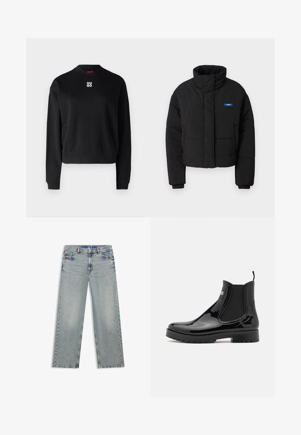 Sort pufferjakke med høj krave, cropped design og elastiske manchetter. Har et blåt "HUGO" logo på venstre bryst.; Sort sweatshirt lavet af blødt stof, med rund halsudskæring og ribbede manchetter. "HUGO"-logoet i hvidt er centreret på brystet.; Lyseblå jeans med vide ben lavet af denim, med udvaskede områder, fem lommer og en blå mærket taljebånd.; HUGO TABITA - Gummistøvler - black