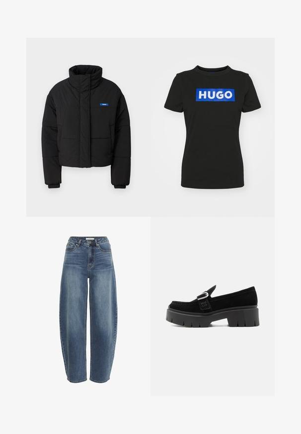 Mustern jaak, millel on kõrge krae, lühendatud disain ja elastsed mansetid. Vasakul rinnal on sinine "HUGO" logo.; Musta lühikeste varrukatega T-särk, mis on valmistatud puuvillast ja millel on suur sinine ristkülikukujuline graafika, kus on sõna "HUGO" valgete paksude tähtedega.; Kõrge vöökohaga, lõdvalt istuvad sinised teksapüksid, mis on valmistatud denimist, varustatud nööbiga sulgemisega, viie taskuga ja kangas on kergelt fadeeritud.; Mustast seemisnahast mokasiiin paksu soonilise tallaga, hõbedase pandla detailiga ja küljes olevasse rihma pressitud "HUGO" logoga, näidatud välisküljelt.