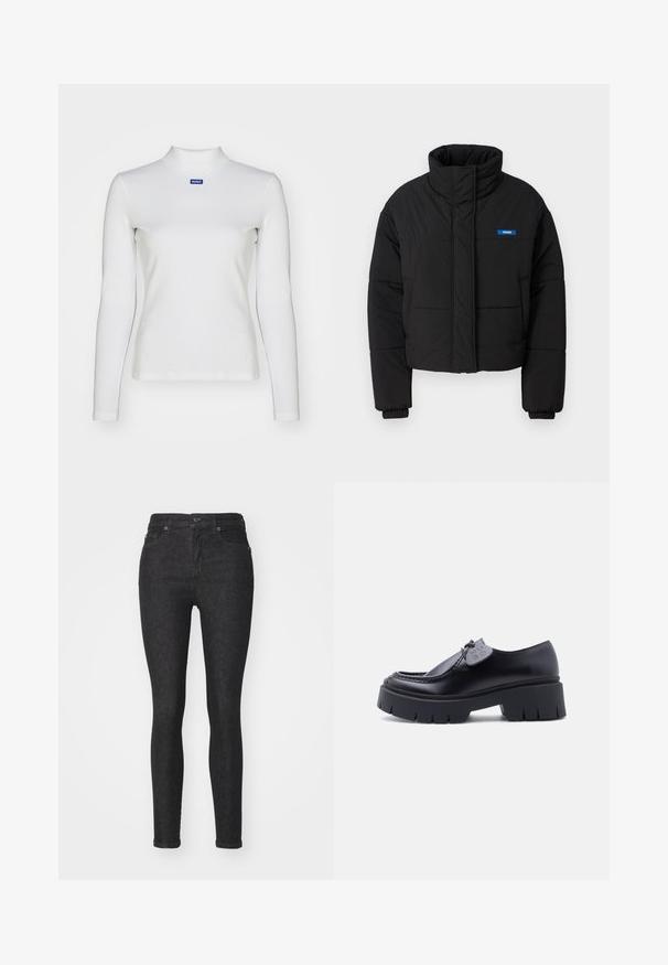 Veste matelassée noire avec un col haut, une coupe courte et des poignets élastiques. Présente un logo bleu "HUGO" sur la poitrine gauche.; Haut à col roulé blanc à manches longues en tissu extensible, avec une coupe ajustée et un petit logo bleu sur la poitrine.; Jean skinny en denim noir avec une coupe ajustée, design classique à cinq poches, fermeture à bouton à l'avant et détails de couture subtils.; Mocassin à plateforme noire avec semelle épaisse à relief et étiquette décorative sur le lacet, présenté en profil latéral sur fond blanc.