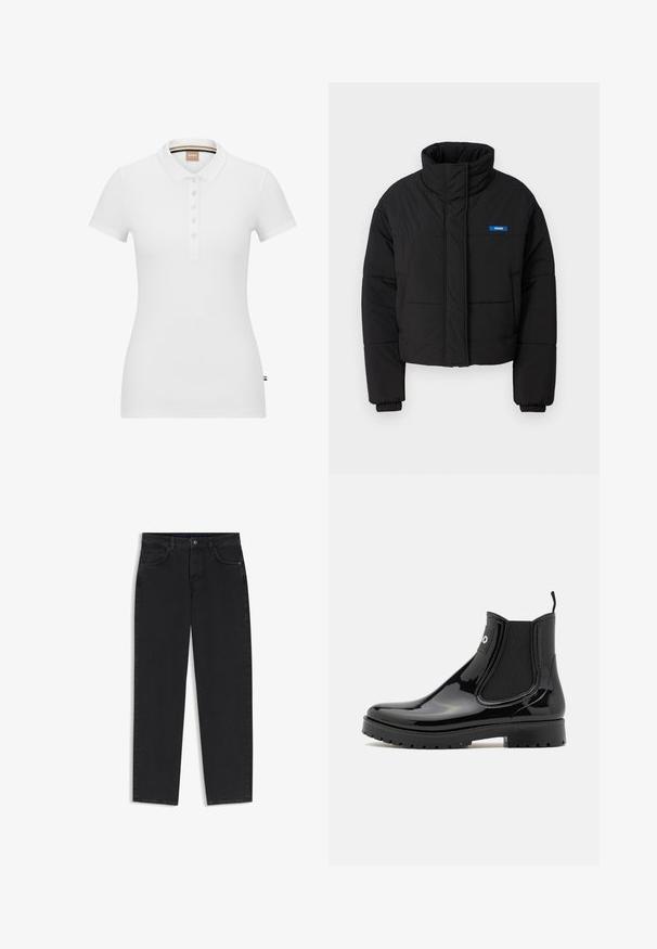 Zwarte pufferjack met hoge kraag, cropped ontwerp en elastische manchetten. Heeft een blauw "HUGO" logo op de linkerborst.; Witte polo shirt van katoen, met korte mouwen, een kraag en een knoopsluiting. Subtiel merkembleem geborduurd op de borst.; Zwarte jeans met rechte pijpen, voorzakken, riemlussen en een knoopsluiting in de taille.; HUGO TABITA - Regenlaarzen - black